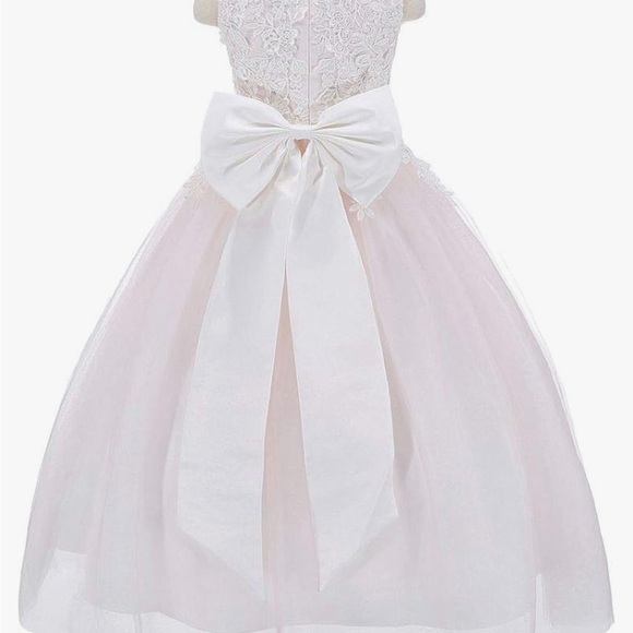 Lace Flower Girl Wedding, Formal, Communion Pink Bow Dress - Picture 2 of 5
